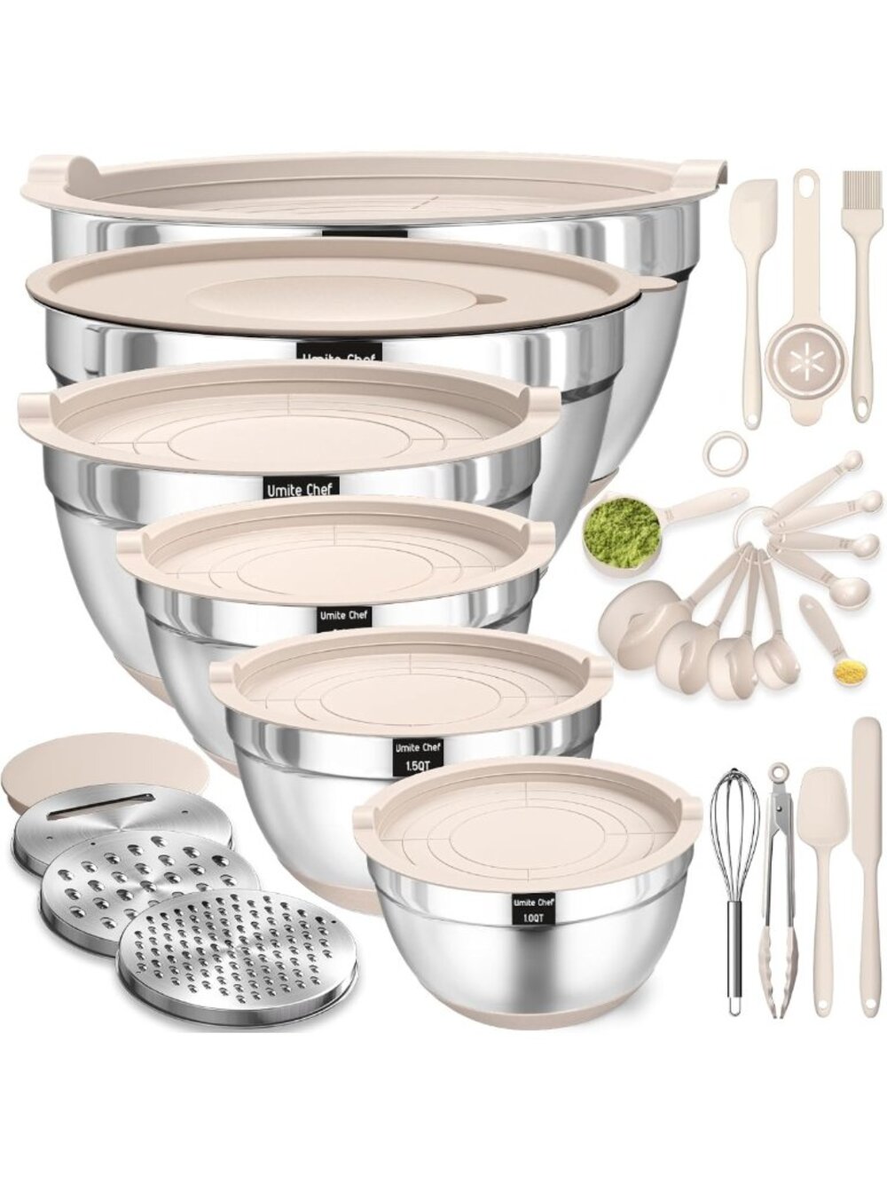 26PCS Stainless Steel Mixing Bowls Set with Airtight Lids & Grater Attachments